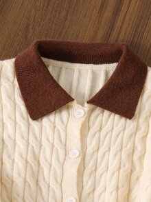 2pcs Set Knit Collar Twisted Rope Long Sleeve Cardigan & Plaid Woven Skirt - Yellow - View 7