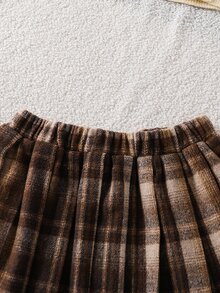 2pcs Set Knit Collar Twisted Rope Long Sleeve Cardigan & Plaid Woven Skirt - Yellow - View 5