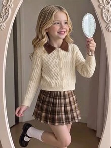 2pcs Set Knit Collar Twisted Rope Long Sleeve Cardigan & Plaid Woven Skirt - Yellow - View 3