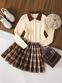 2pcs Set Knit Collar Twisted Rope Long Sleeve Cardigan & Plaid Woven Skirt - Yellow - View 1