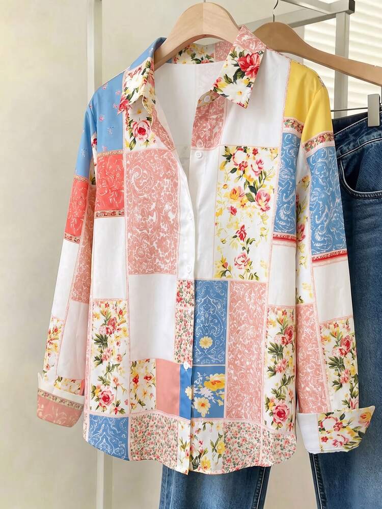 Breezaya Plus Size Women's Casual Floral And Check Patterned Printed Shirt, Women's Top, Suitable For Daily Wear - Multicolor - View 3