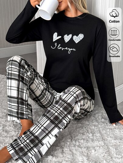 SHEIN Women Heart Print Long Sleeve Top & Plaid Pants Cozy Pajama Set