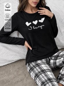 SHEIN طقم بيجامة نسائي مريح بقمة بأكمام طويلة مطبوعة بقلوب وبنطال كاروهات - أبيض وأسود - مشاهدة 6