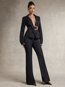 Silquee These Stylish And Versatile Stretch Twill Trousers-Featuring Exaggerated Black Metal Buckles And A Lace-Up Design-Are Perfect For Parties, Social - Black - View 8