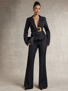 Silquee These Stylish And Versatile Stretch Twill Trousers-Featuring Exaggerated Black Metal Buckles And A Lace-Up Design-Are Perfect For Parties, Social - Black - View 6