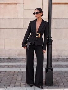 Silquee These Stylish And Versatile Stretch Twill Trousers-Featuring Exaggerated Black Metal Buckles And A Lace-Up Design-Are Perfect For Parties, Social - Black - View 3