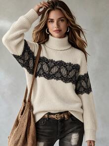 LUMIGAL Women's Lace Patchwork High Neck Casual Versatile Daily Wear Long Sleeve Sweater - Apricot - View 8