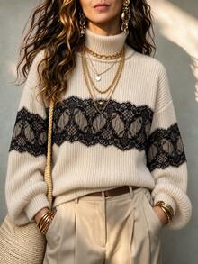 LUMIGAL Women's Lace Patchwork High Neck Casual Versatile Daily Wear Long Sleeve Sweater - Apricot - View 2