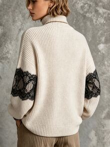 LUMIGAL Women's Lace Patchwork High Neck Casual Versatile Daily Wear Long Sleeve Sweater - Apricot - View 3