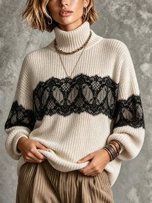 LUMIGAL Women's Lace Patchwork High Neck Casual Versatile Daily Wear Long Sleeve Sweater - Apricot - View 6