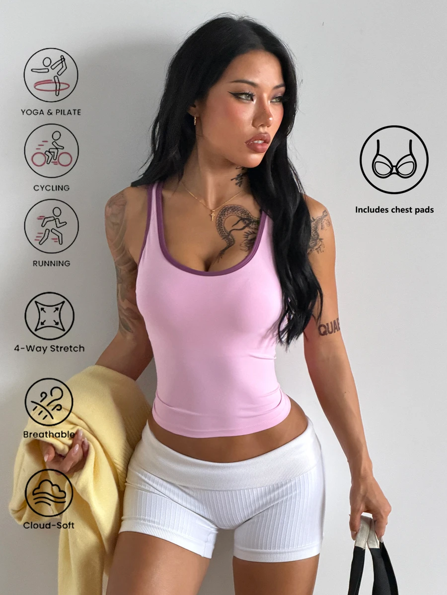 Coolane Women's Fall Sport Going Out Gym Cute Colorblock U-Neck Fashion Sports Pink Tank Top