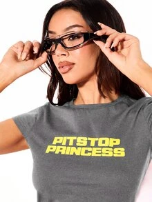 SUMWON WOMEN Pitstop Princess Graphic Crop Slim Fit Tee Short Sleeve Crew Neck Fitted Cropped T-Shirt Formula Racing Fan Top - Dark Grey - View 4