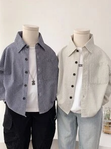 SHEIN 1件兒童青少年男孩休閒條紋領長袖襯衫，適合兒童、畢業季、生日派對 - 黑與白 - 查看 5