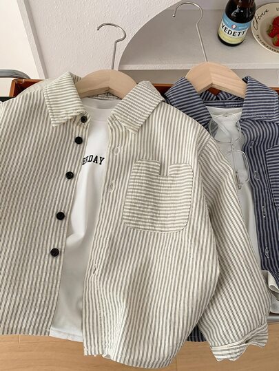 SHEIN 1pc Kids Tween Boy Casual Striped Collar Long Sleeve Shirt, Suitable For Children's, Graduation Season, Birthday Party