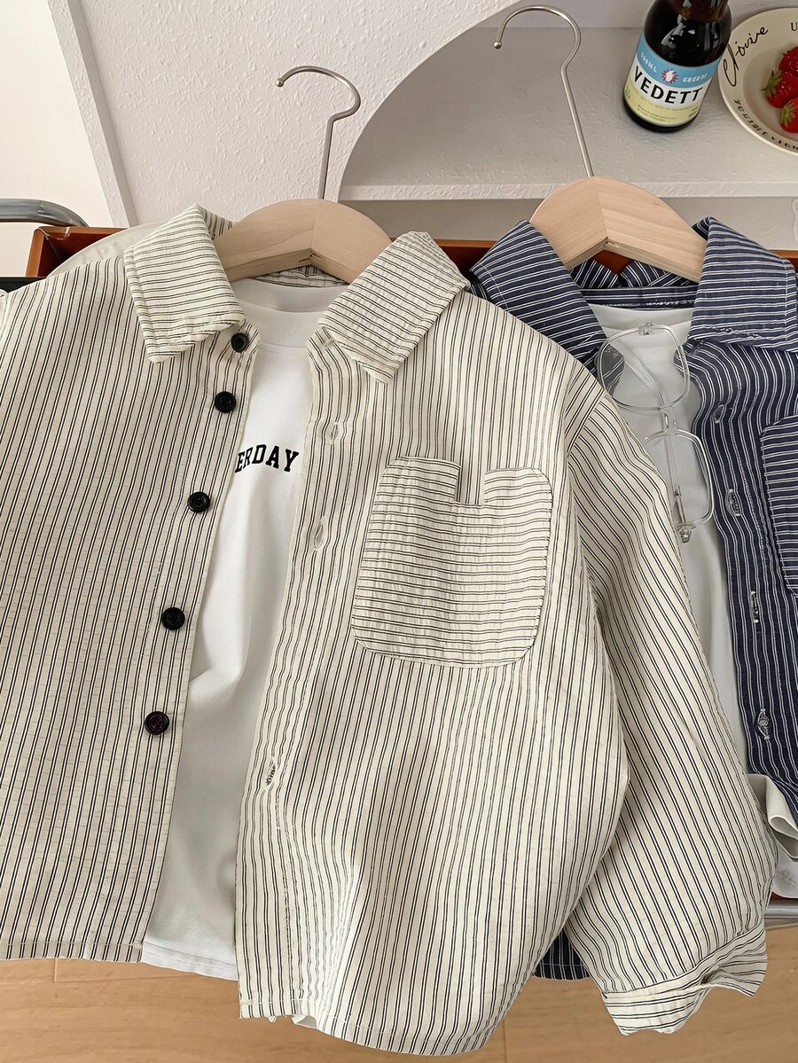 SHEIN 1件兒童青少年男孩休閒條紋領長袖襯衫，適合兒童、畢業季、生日派對