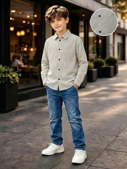 SHEIN 1pc Kids Tween Boy Casual Striped Collar Long Sleeve Shirt, Suitable For Children's, Graduation Season, Birthday Party