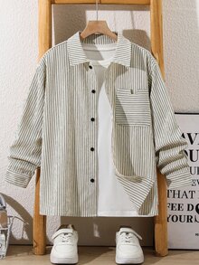 SHEIN 1件兒童青少年男孩休閒條紋領長袖襯衫，適合兒童、畢業季、生日派對 - 黑與白 - 查看 3