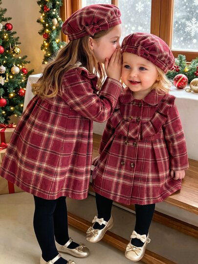 SHEIN 2pcs Toddler Girl Plaid Peacoat Jacket Elegant Sweet Burgundy Red Ruffle Bow Tartan Long Sleeve Lapel Thick Wedding Winter Holiday Beret