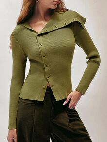SHEIN 女款修身羅紋針織毛衣，不對稱翻領門襟設計，休閒日常純色百搭圓領開襟衫 - 綠色 - 查看 1