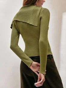 SHEIN 女款修身羅紋針織毛衣，不對稱翻領門襟設計，休閒日常純色百搭圓領開襟衫 - 綠色 - 查看 3
