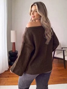 Ceyna Sweater Pullover Lengan Panjang Bahu Asimetris dengan Gesper Logam untuk Wanita Ukuran Besar, Musim Gugur/Dingin - Coklat - View 2