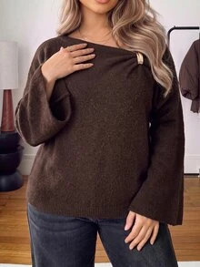 Ceyna Sweater Pullover Lengan Panjang Bahu Asimetris dengan Gesper Logam untuk Wanita Ukuran Besar, Musim Gugur/Dingin - Coklat - View 3