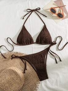 Swim Basics Women's Solid Color Halter Neck Sexy Bikini Set Bathing Suit For Summer Beach - Coffee Brown - View 5