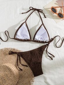 Swim Basics Women's Solid Color Halter Neck Sexy Bikini Set Bathing Suit For Summer Beach - Coffee Brown - View 2