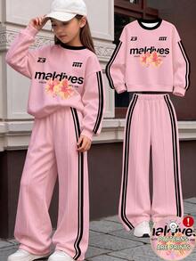 1 Set Tween Girl Back To School Style Sporty Casual 2 Pieces Outfit, Pink Base Color With Black Trim Printed Fleece Sweatshirt Featuring "Maldives" Text And Hibiscus Floral Pattern, Paired With Matching Side Stripe Wide Leg Pants, Suitable For Spring, Autumn And Winter Daily Wear - Multicolor - View 1