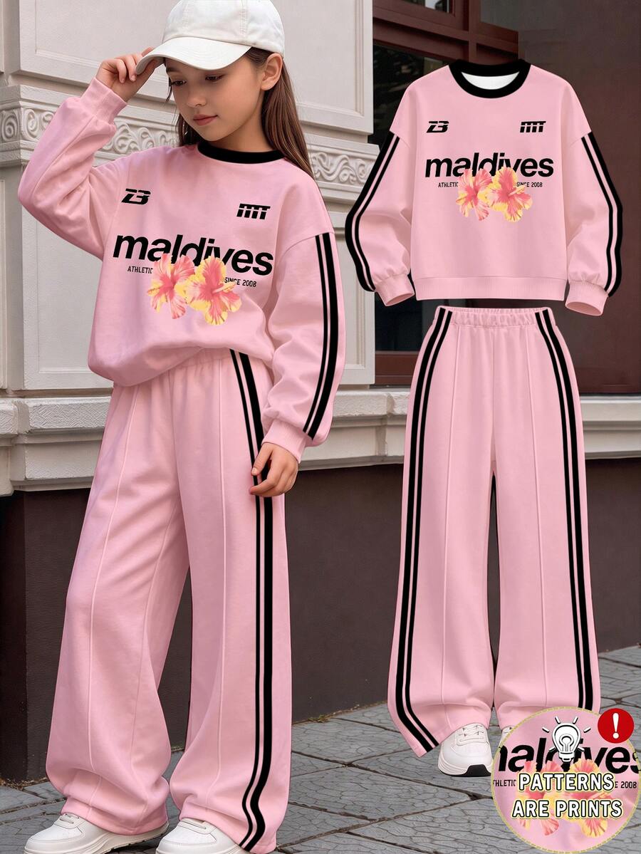 1 Set Tween Girl Back To School Style Sporty Casual 2 Pieces Outfit, Pink Base Color With Black Trim Printed Fleece Sweatshirt Featuring "Maldives" Text And Hibiscus Floral Pattern, Paired With Matching Side Stripe Wide Leg Pants, Suitable For Spring, Autumn And Winter Daily Wear - Multicolor - View 1