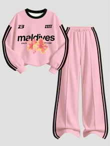 1 Set Tween Girl Back To School Style Sporty Casual 2 Pieces Outfit, Pink Base Color With Black Trim Printed Fleece Sweatshirt Featuring "Maldives" Text And Hibiscus Floral Pattern, Paired With Matching Side Stripe Wide Leg Pants, Suitable For Spring, Autumn And Winter Daily Wear - Multicolor - View 3