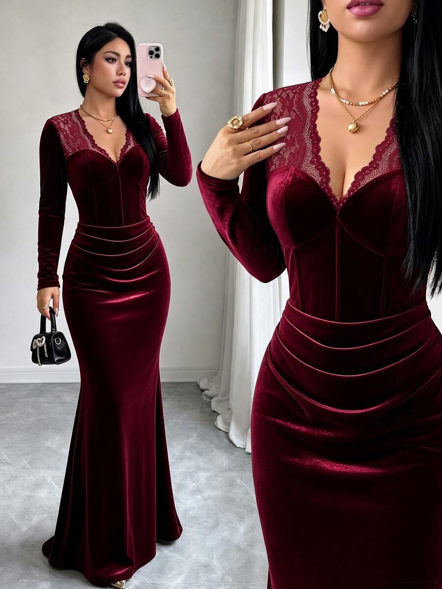 Elenzga Faux Pearl Beaded Plunging Neck Mermaid Hem Velvet Dress - Burgundy - View 1