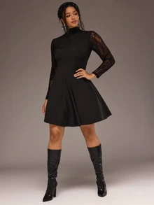 Freevana Plus Size Elegant Commuter Lace Patchwork Stand Collar Dress Halloween New Year Party Formal Date Night Black Fall - Black - View 5