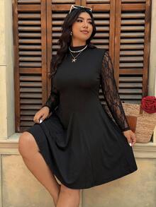 Freevana Plus Size Elegant Commuter Lace Patchwork Stand Collar Dress Halloween New Year Party Formal Date Night Black Fall - Black - View 10