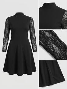 Freevana Plus Size Elegant Commuter Lace Patchwork Stand Collar Dress Halloween New Year Party Formal Date Night Black Fall - Black - View 11