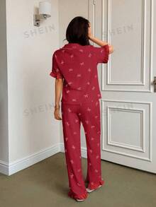 Dream Adore Blue Striped Bow Print Patchwork Contrast Color Lapel Short Sleeve Pajama Set For Women - Red - View 2