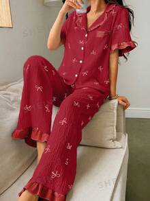 Dream Adore Blue Striped Bow Print Patchwork Contrast Color Lapel Short Sleeve Pajama Set For Women - Red - View 5