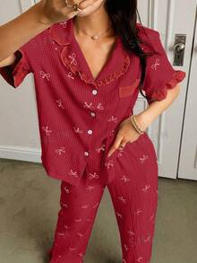 Dream Adore Blue Striped Bow Print Patchwork Contrast Color Lapel Short Sleeve Pajama Set For Women - Red - View 3