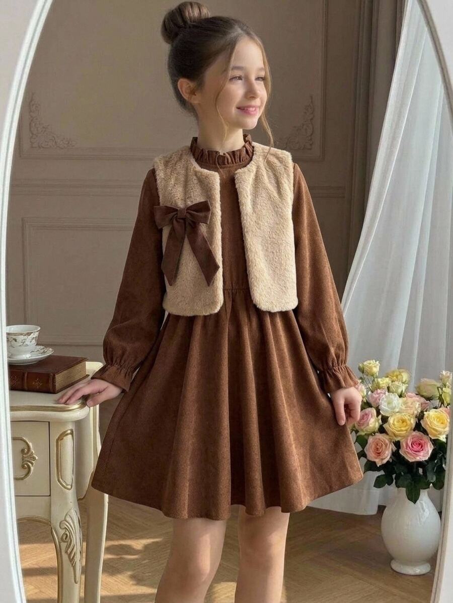 Girlism Kids Tween Girl 2-Piece Set, Fall/Winter Fuzzy Jacket With Coffee Brown Corduroy Long Sleeve Back To School Outfits, Fall Outfits, Fall Clothes - Coffee Brown - View 1