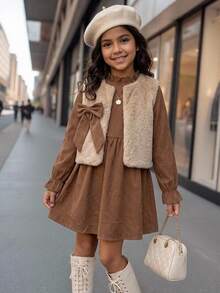 Girlism Kids Tween Girl 2-Piece Set, Fall/Winter Fuzzy Jacket With Coffee Brown Corduroy Long Sleeve Back To School Outfits, Fall Outfits, Fall Clothes - Coffee Brown - View 4