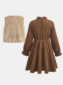 Girlism Kids Tween Girl 2-Piece Set, Fall/Winter Fuzzy Jacket With Coffee Brown Corduroy Long Sleeve Back To School Outfits, Fall Outfits, Fall Clothes - Coffee Brown - View 2