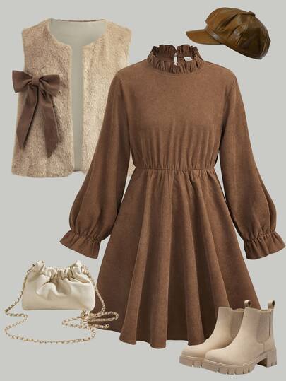 Girlism Tween Girl Tween Girls 2-Piece Set, Autumn/Winter Fuzzy Jacket With Coffee Brown Corduroy Long Sleeve Dress, Suitable For Daily Commute And Back To School Outfits