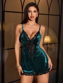 SilkySpell Lace Trim Patchwork Rhinestone Velvet Sexy Jumpsuit - Dark Green - View 4