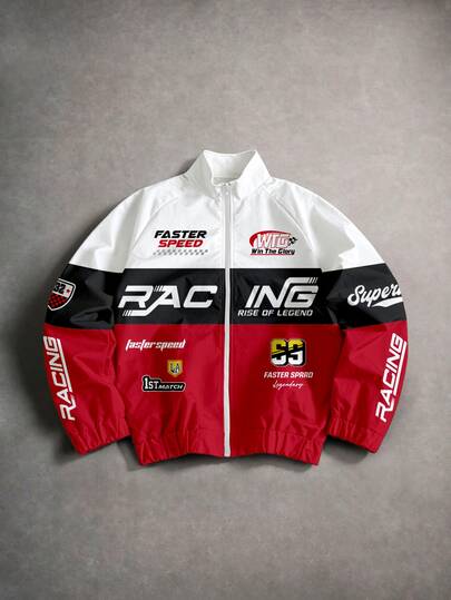 Manfinity EMRG Men's Colorblock Racing Graphic Jacket, Zip-Up Stand Collar Long Sleeve Outerwear For Casual Streetwear, Daily Wear And Outdoor Events