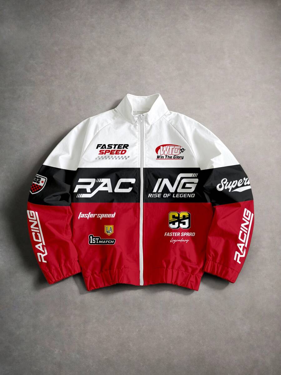Manfinity EMRG Men's Colorblock Racing Graphic Jacket, Zip-Up Stand Collar Long Sleeve Outerwear For Casual Streetwear, Daily Wear And Outdoor Events - Multicolor - View 1