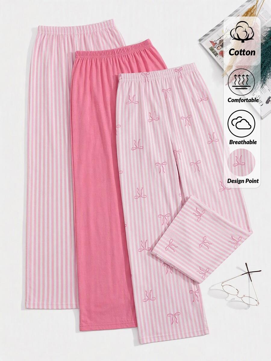 SHEIN Cottnline Women3 Pcs Cotton Bow Ribbon Print, Stripe, Floral & Solid Long Pajama Pants Set - Pink - View 1