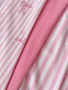 SHEIN Cottnline Women3 Pcs Cotton Bow Ribbon Print, Stripe, Floral & Solid Long Pajama Pants Set - Pink - View 4