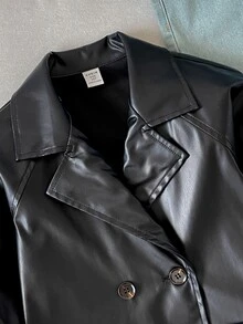 SHEIN Tween女孩休閒街頭風翻領PU金屬拉鍊前開短夾克，黑色皮革短夾克短款皮風衣夾克人造皮革風衣夾克黑色短夾克，適合秋冬 - 黑色 - 查看 6