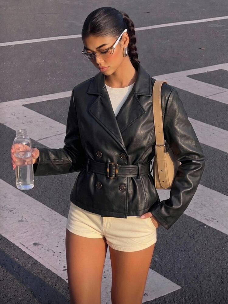 SHEIN Jaket Pendek Gaya Jalanan Kasual untuk Remaja Perempuan, Jaket Kulit Hitam Pendek, Jaket Trench Coat Kulit Imitasi, Jaket Pendek Hitam, Untuk Musim Gugur/Dingin - Hitam - View 1