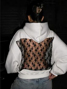 INAWLY 女款新款衛衣，秋冬新款衛衣，美式休閒白色長袖連帽衛衣，性感露背蕾絲拼接透視長袖衛衣，白色基礎款衛衣，蕾絲拼接衛衣，對比色長袖保暖內裡衛衣，街頭風寬鬆衛衣，保暖內裡衛衣，適合日常穿著、居家、戶外散步、校園 - 白色 - 查看 2